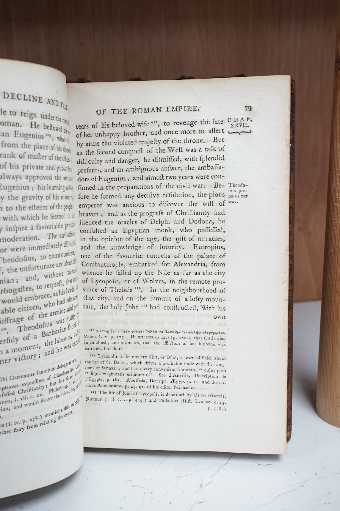 Gibbon, Edward - The History of the Decline and Fall of the Roman Empire. new edition, 6 vols. (title page for first vol. not present). 2 folded maps; contemp. gilt decorated tree calf, marbled edges, 1783.